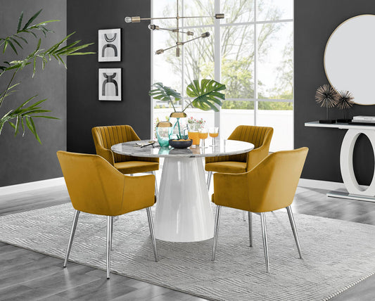Palma White Marble Effect Round Dining Table & 4 Calla Silver Leg Chairs