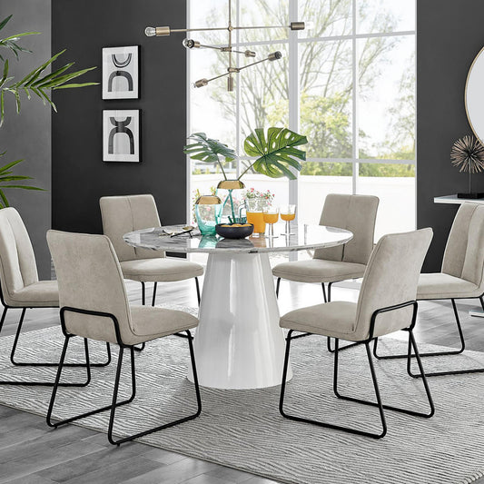Palma White Marble Effect Round Dining Table & 6 Halle Black Leg Chairs