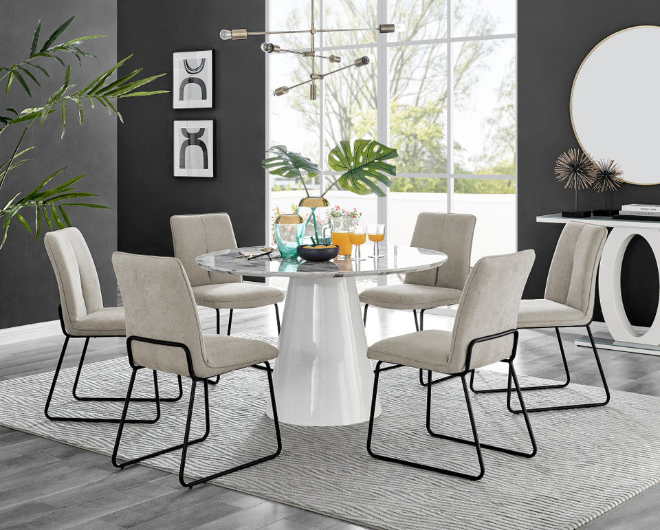 Palma White Marble Effect Round Dining Table & 6 Halle Black Leg Chairs