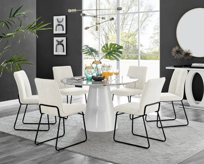 Palma White Marble Effect Round Dining Table & 6 Halle Black Leg Chairs