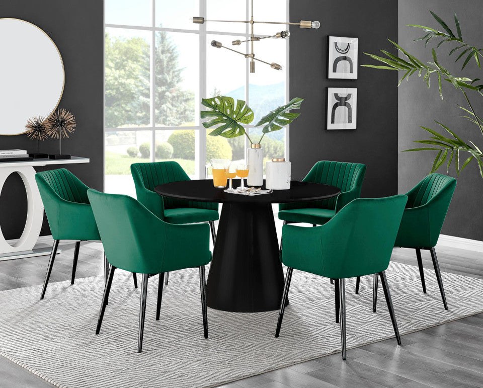 Palma Black Semi Gloss Round Dining Table & 6 Calla Black Leg Chairs