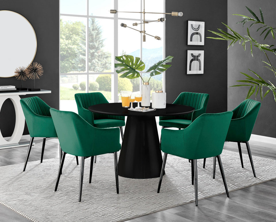 Palma Black Semi Gloss Round Dining Table & 6 Calla Black Leg Chairs