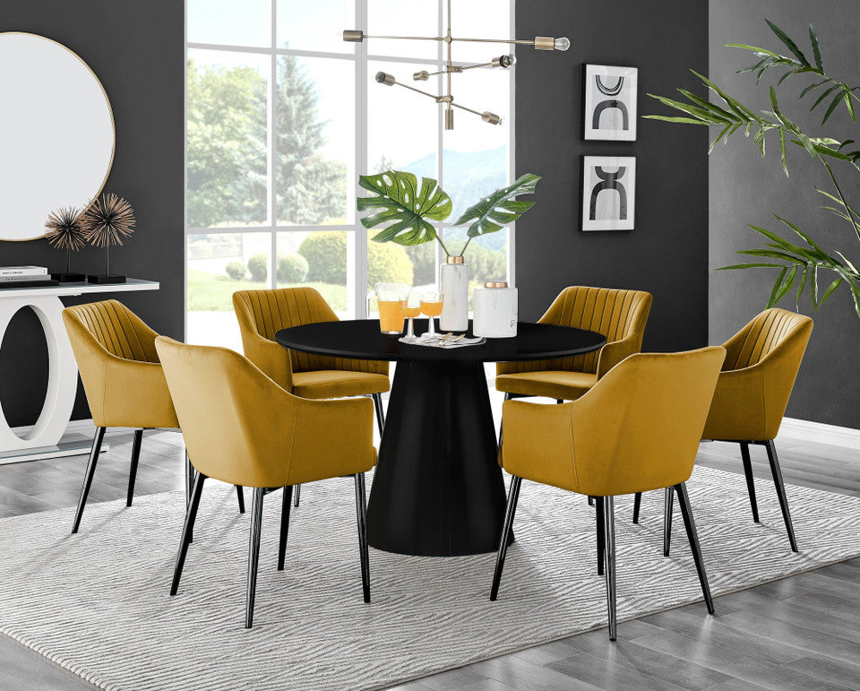 Palma Black Semi Gloss Round Dining Table & 6 Calla Black Leg Chairs