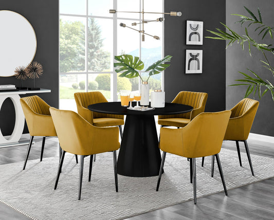 Palma Black Semi Gloss Round Dining Table & 6 Calla Black Leg Chairs