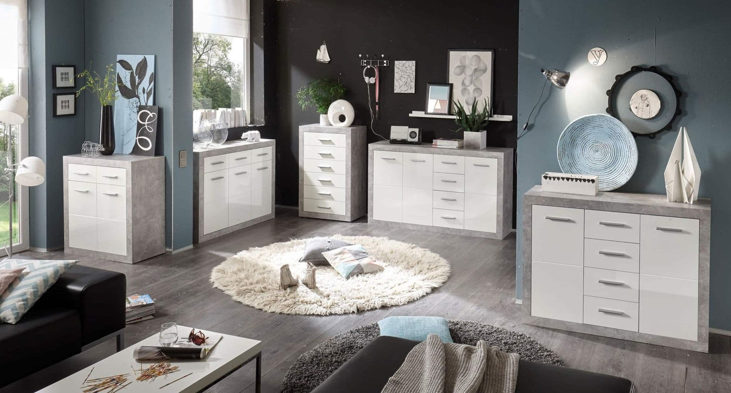 Pietra 117cm Sideboard Grey and White Gloss 2 door 4 drw