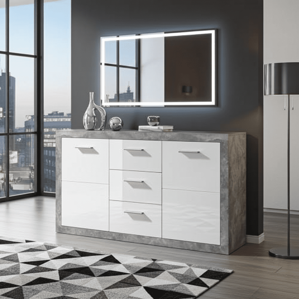 Pietra Large Sideboard Grey and White Gloss 2 DOOR, 3 DRW