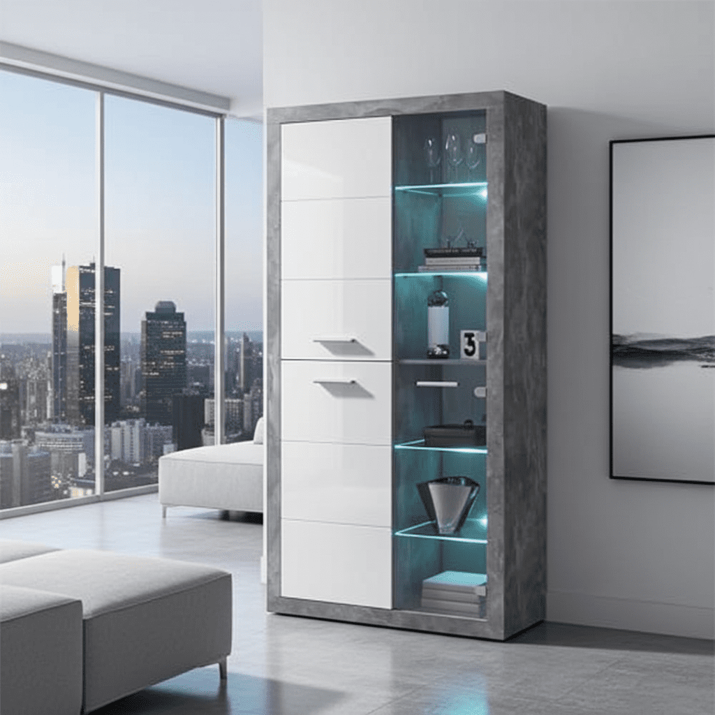 Pietra Tall Display Cabinet in Grey and White Gloss
