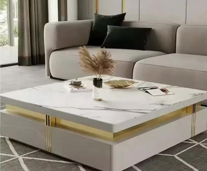 Luxury White and Gold Marble Effect Coffee Table With Storage
