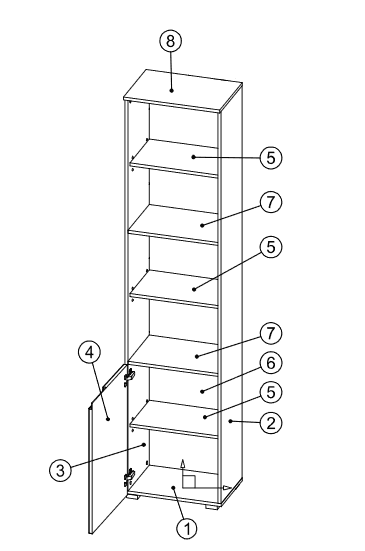 Santino Tall Narrow Bookcase with White Gloss Door