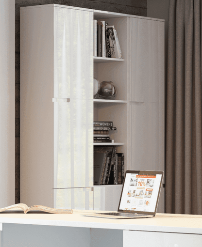 Santino Tall Narrow Bookcase with White Gloss Doors S13