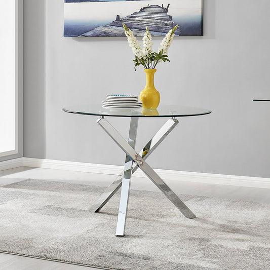 Selina Round Glass and Silver Square Leg Metal 4 Seater Dining Table