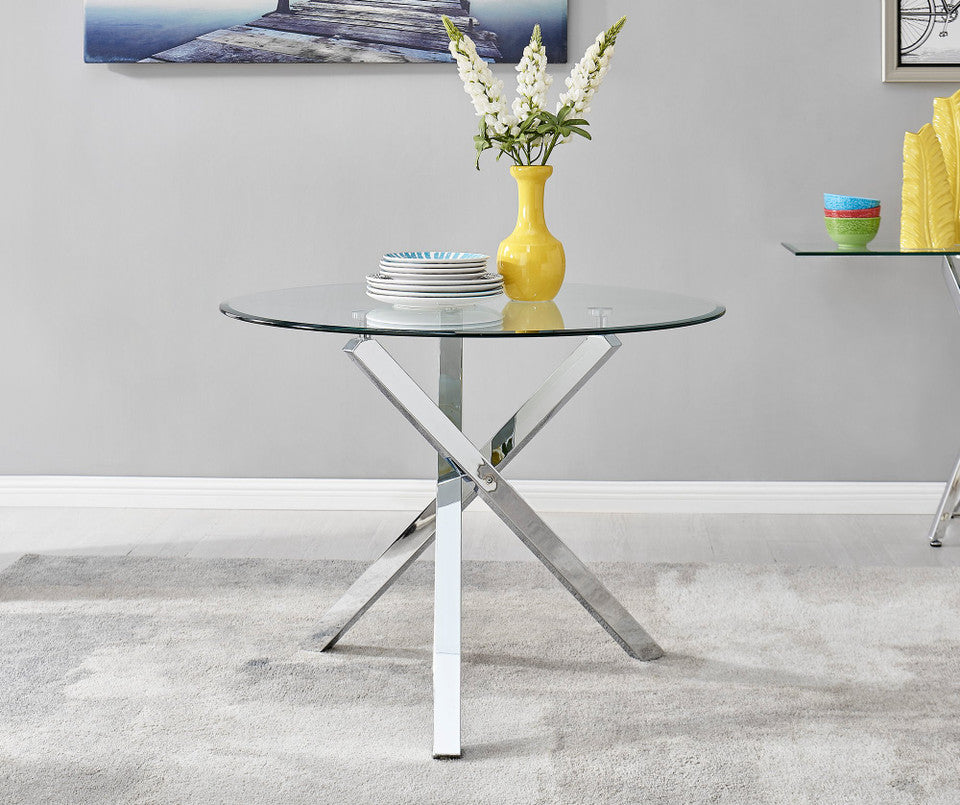 Selina Round Glass and Silver Square Leg Metal 4 Seater Dining Table
