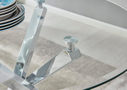 Selina Round Glass and Silver Square Leg Metal 4 Seater Dining Table