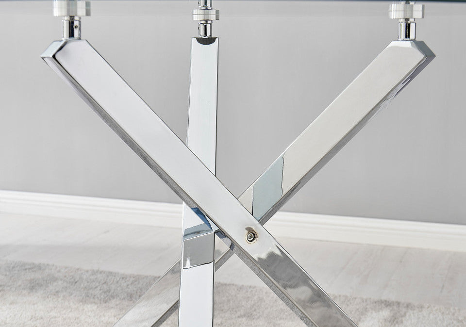 Selina Round Glass and Silver Square Leg Metal 4 Seater Dining Table