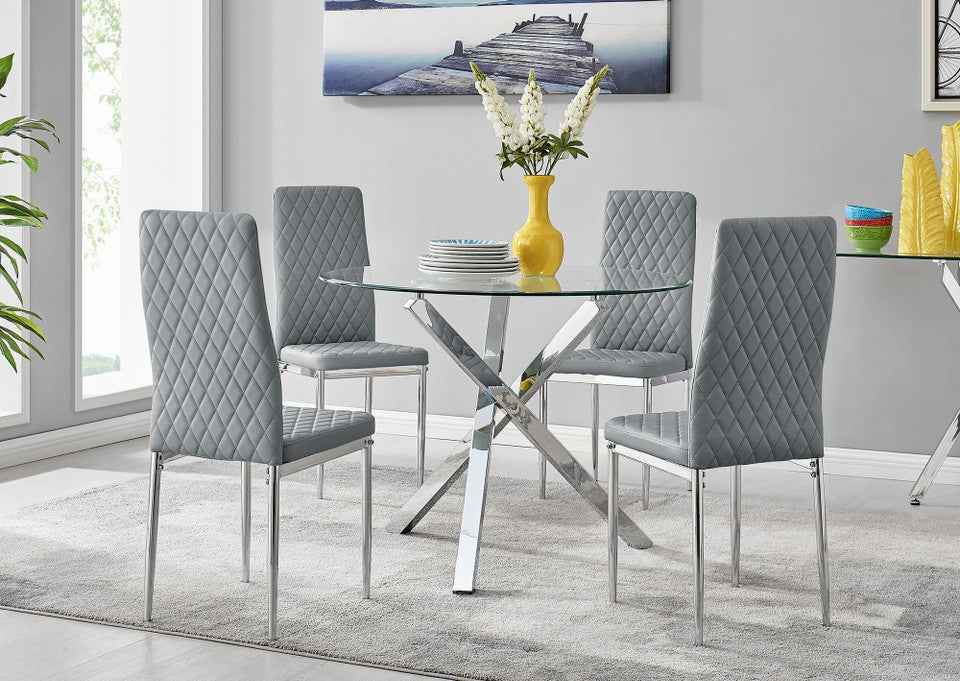 Selina Chrome Round Square Leg Glass Dining Table And 4 Milan Chairs Set