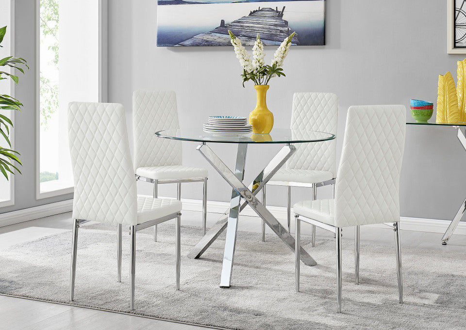Selina Chrome Round Square Leg Glass Dining Table And 4 Milan Chairs Set