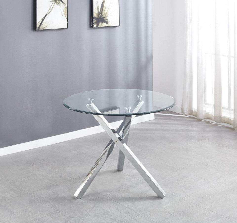 Selina Round Glass and Silver Square Leg Metal 4 Seater Dining Table