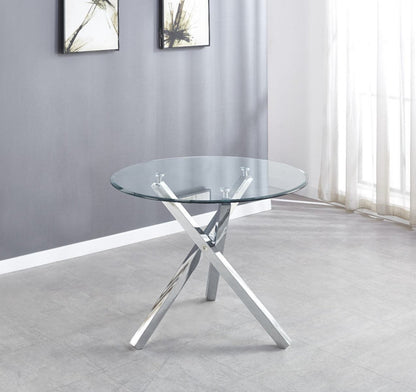 Selina Round Glass and Silver Square Leg Metal 4 Seater Dining Table