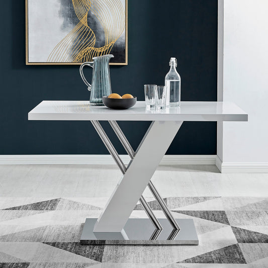 Sorrento Rectangular White High Gloss and Silver Metal 4 Seater Dining Table