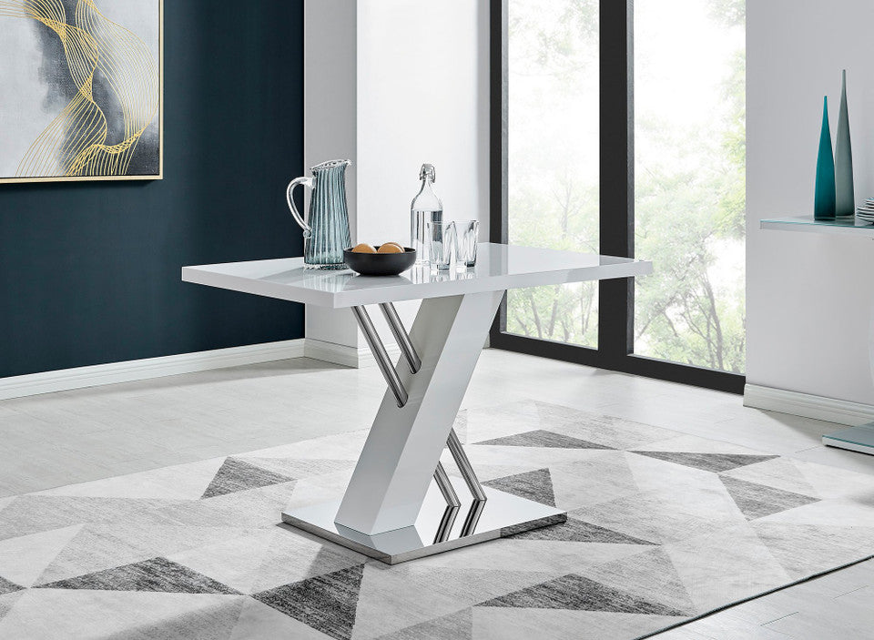 Sorrento Rectangular White High Gloss and Silver Metal 4 Seater Dining Table