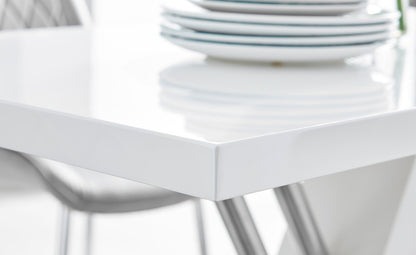 Sorrento Rectangular White High Gloss and Silver Metal 4 Seater Dining Table