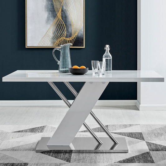 Sorrento Rectangular White High Gloss and Silver Metal 6 Seater Dining Table