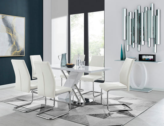 Sorrento White High Gloss And Chrome Dining Table And 6 Lorenzo Dining Chairs