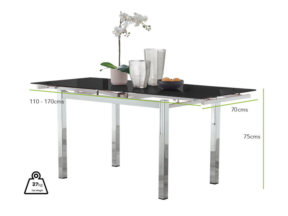 Enna Black Glass Extending Dining Table and 6 Lorenzo Chairs