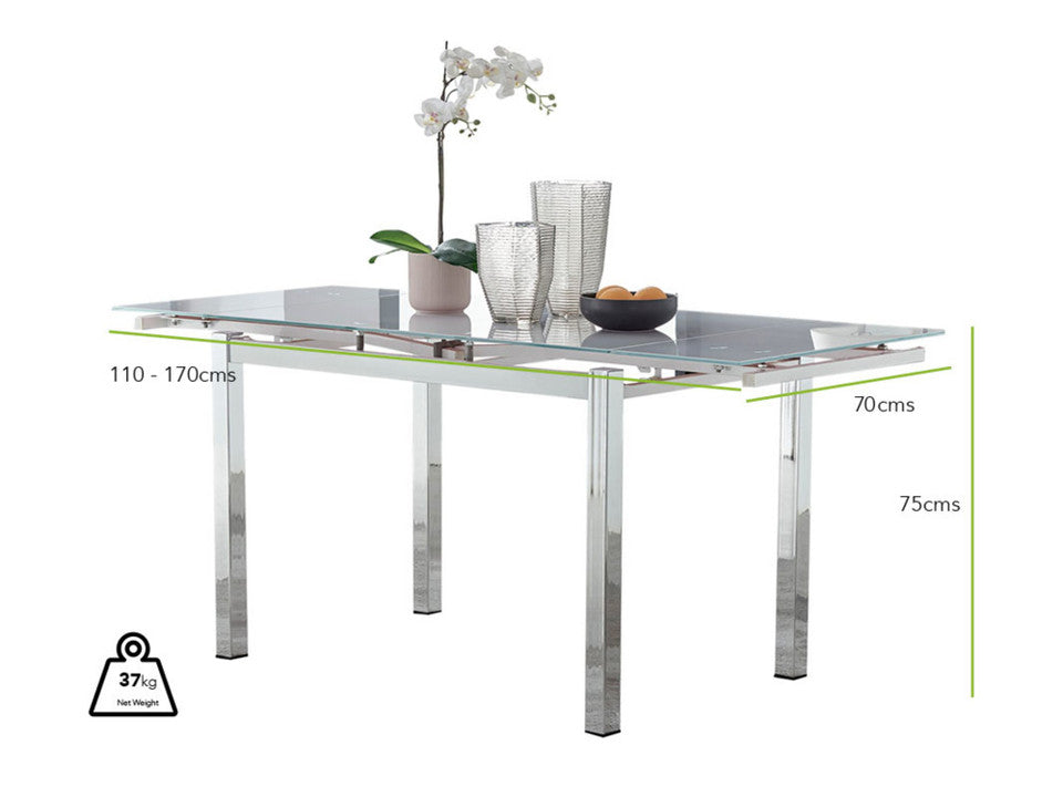 Enna White Glass Extending Dining Table and 6 Corona Silver Leg Chairs