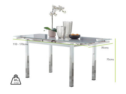 Enna White Glass Extending Dining Table and 6 Corona Silver Leg Chairs