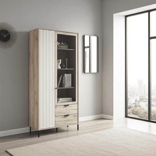 Vivea Grey Oak Effect And Cashmere Slatted 2 Door Display Cabinet