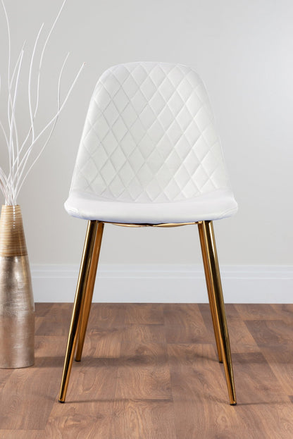 Novara White Marble Gold Leg Round Dining Table & 4 Corona Gold Leg Chairs